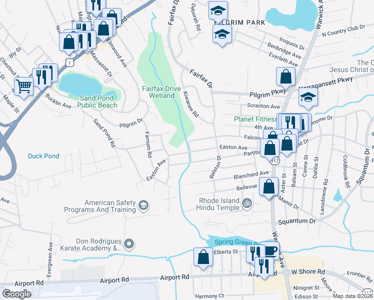 map of restaurants, bars, coffee shops, grocery stores, and more near 185 Falcon Avenue in Warwick