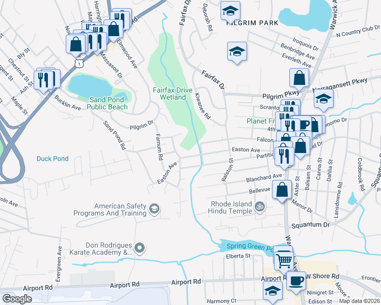 map of restaurants, bars, coffee shops, grocery stores, and more near 2 Marquette Drive in Warwick