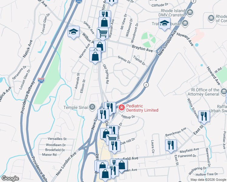 map of restaurants, bars, coffee shops, grocery stores, and more near 88 Old Spring Road in Cranston