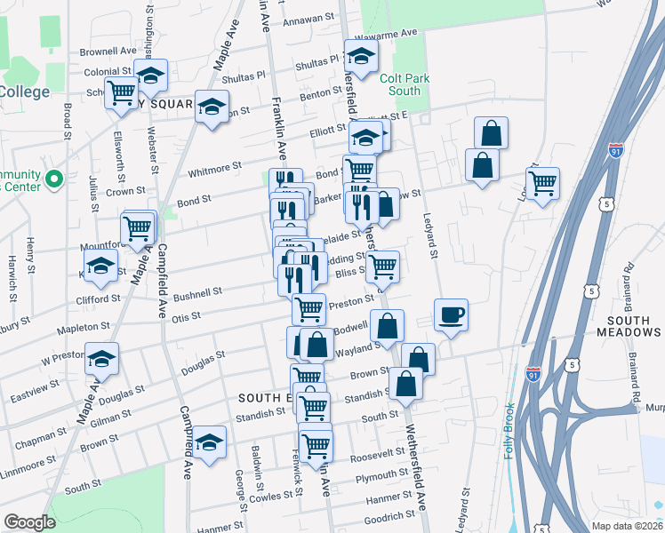 map of restaurants, bars, coffee shops, grocery stores, and more near 51 Adelaide Street in Hartford