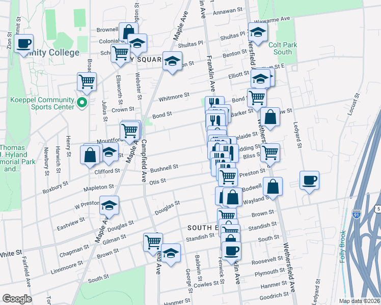 map of restaurants, bars, coffee shops, grocery stores, and more near 116 Adelaide Street in Hartford