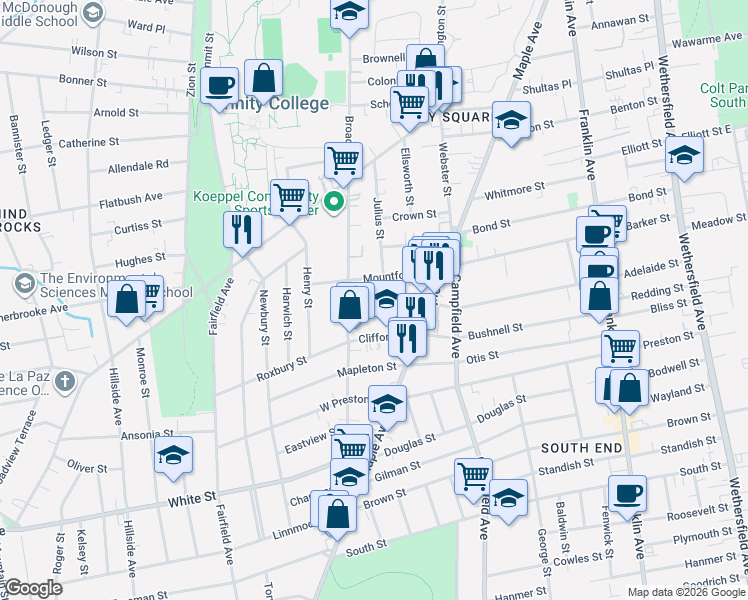map of restaurants, bars, coffee shops, grocery stores, and more near 47 Mountford Street in Hartford