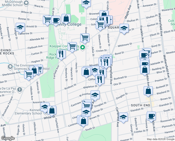 map of restaurants, bars, coffee shops, grocery stores, and more near in Hartford