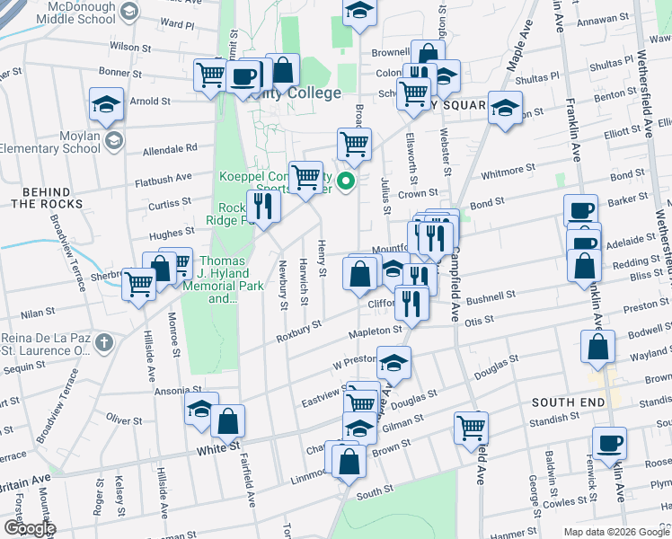 map of restaurants, bars, coffee shops, grocery stores, and more near 58 Henry Street in Hartford