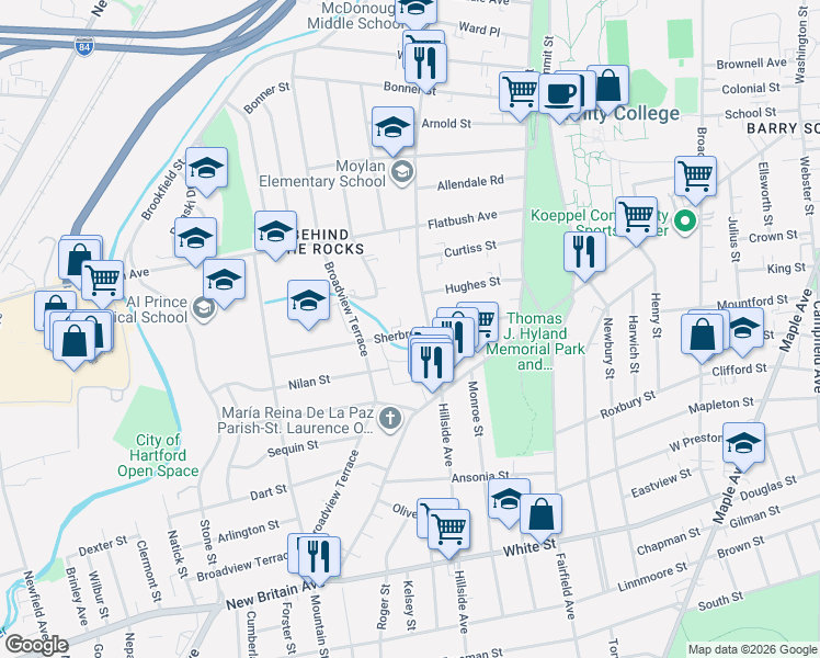 map of restaurants, bars, coffee shops, grocery stores, and more near 114 Sherbrooke Avenue in Hartford