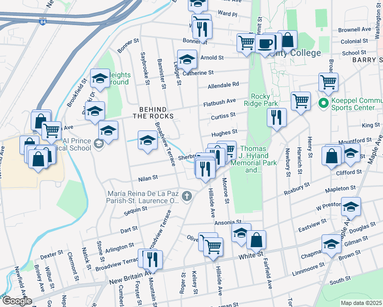 map of restaurants, bars, coffee shops, grocery stores, and more near 114 Sherbrooke Avenue in Hartford