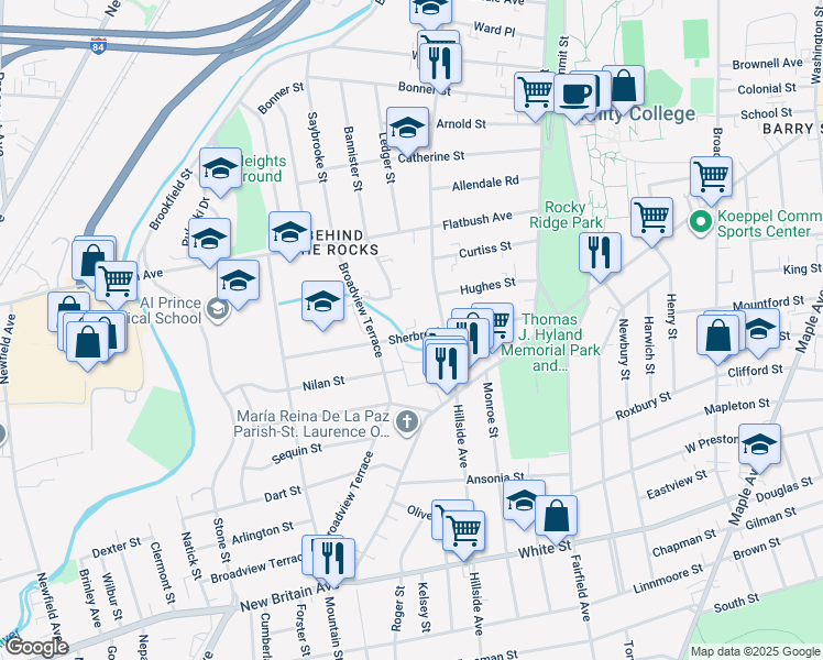 map of restaurants, bars, coffee shops, grocery stores, and more near 114 Sherbrooke Avenue in Hartford