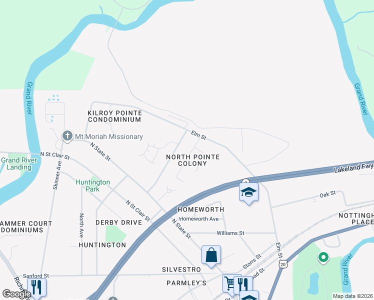 map of restaurants, bars, coffee shops, grocery stores, and more near 927 Elm Street in Painesville