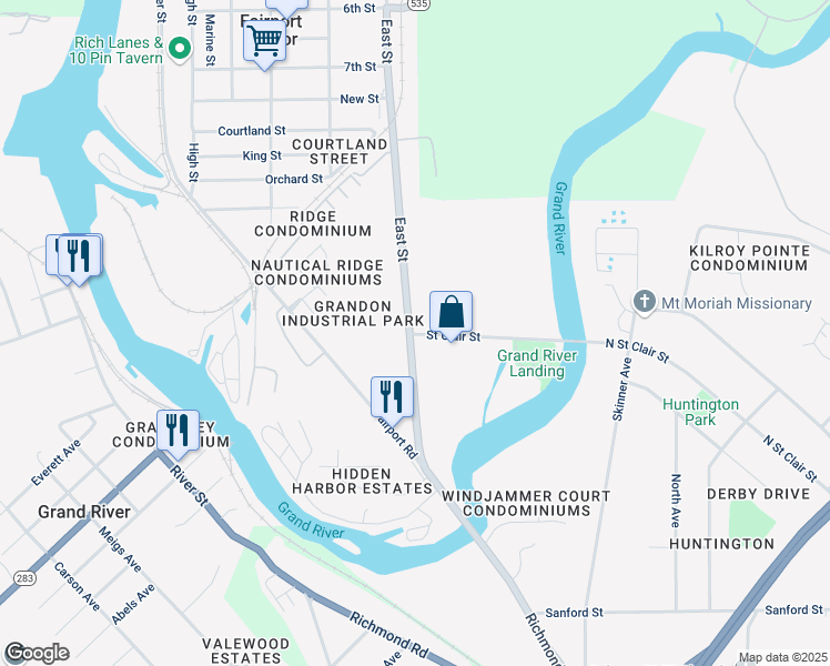map of restaurants, bars, coffee shops, grocery stores, and more near 1150-1158 East St in Fairport Harbor