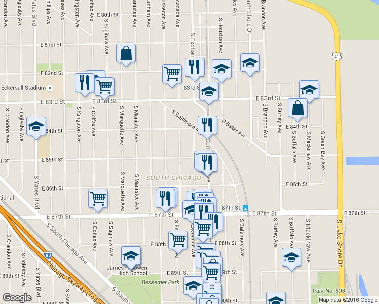 map of restaurants, bars, coffee shops, grocery stores, and more near 8425 South Escanaba Avenue in Chicago