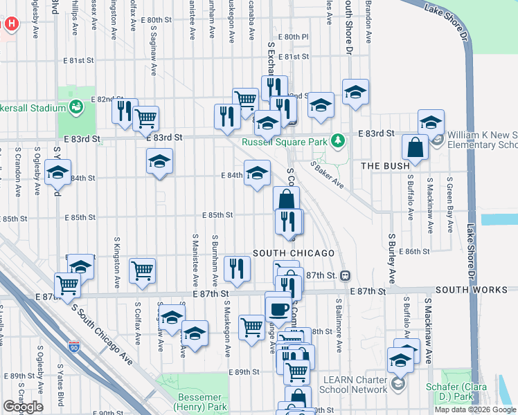 map of restaurants, bars, coffee shops, grocery stores, and more near 8425 South Escanaba Avenue in Chicago