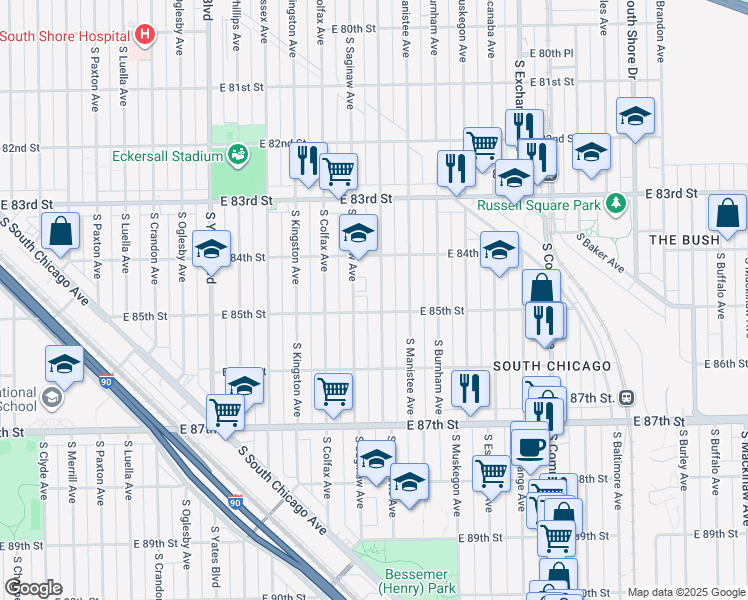 map of restaurants, bars, coffee shops, grocery stores, and more near 8400 South Marquette Avenue in Chicago