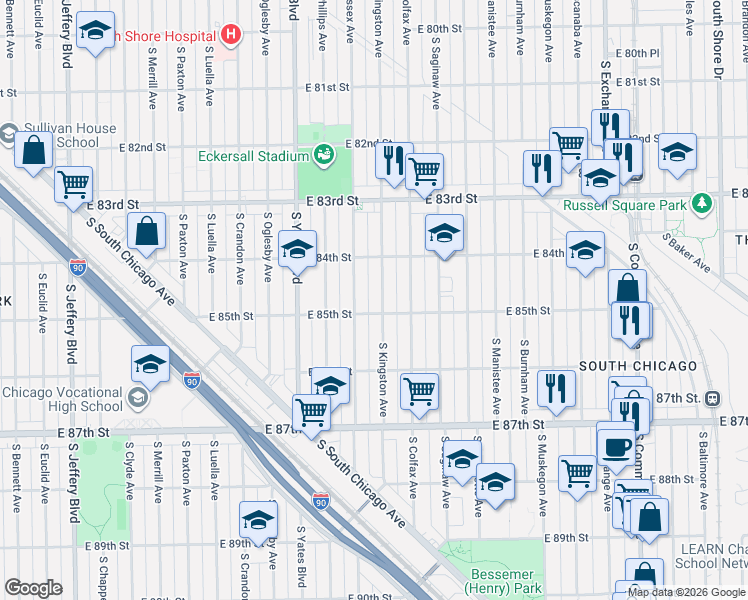 map of restaurants, bars, coffee shops, grocery stores, and more near 8420 South Kingston Avenue in Chicago