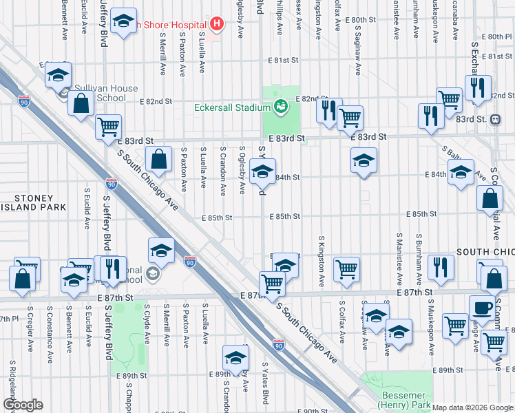 map of restaurants, bars, coffee shops, grocery stores, and more near 8421 South Oglesby Avenue in Chicago