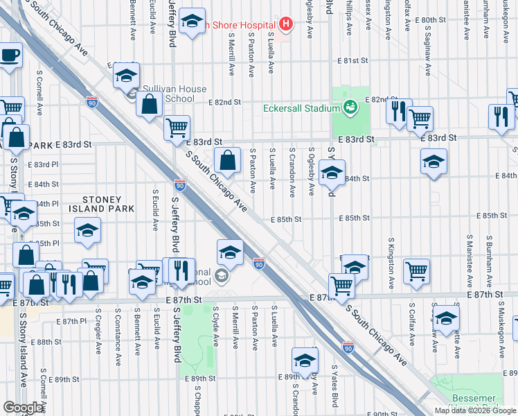 map of restaurants, bars, coffee shops, grocery stores, and more near 8416 South Luella Avenue in Chicago