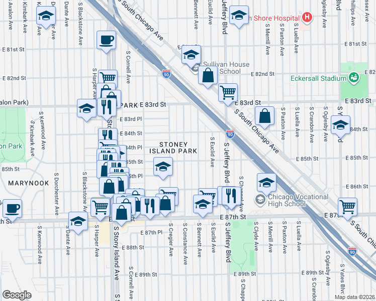 map of restaurants, bars, coffee shops, grocery stores, and more near 8415 South Constance Avenue in Chicago