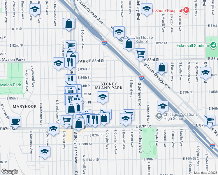 map of restaurants, bars, coffee shops, grocery stores, and more near 8417 South Cregier Avenue in Chicago
