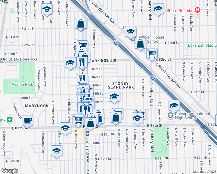 map of restaurants, bars, coffee shops, grocery stores, and more near 1719 East 84th Street in Chicago