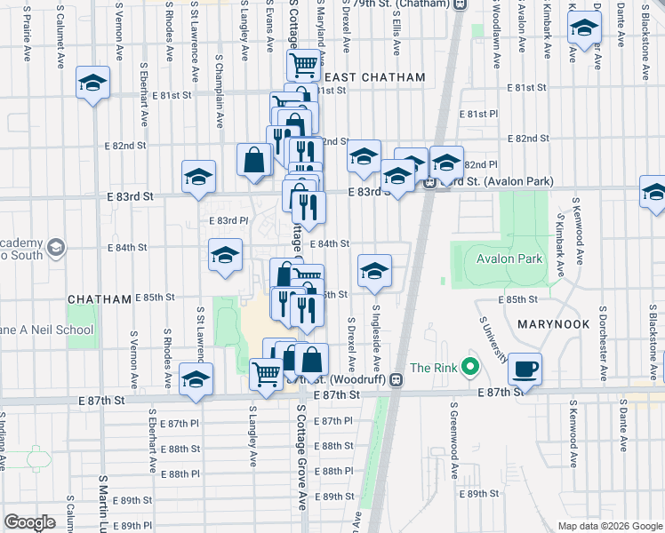 map of restaurants, bars, coffee shops, grocery stores, and more near 851 East 84th Street in Chicago