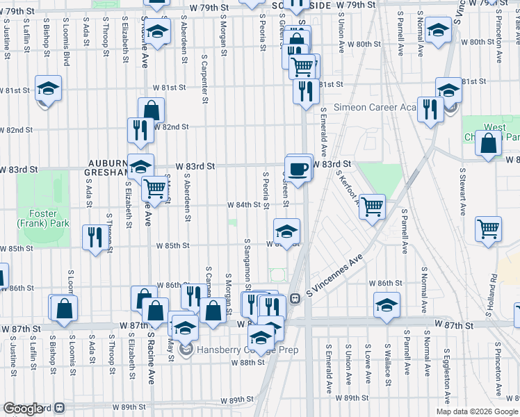 map of restaurants, bars, coffee shops, grocery stores, and more near 8346 South Peoria Street in Chicago