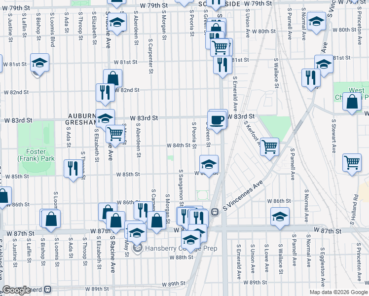 map of restaurants, bars, coffee shops, grocery stores, and more near 8346 South Peoria Street in Chicago