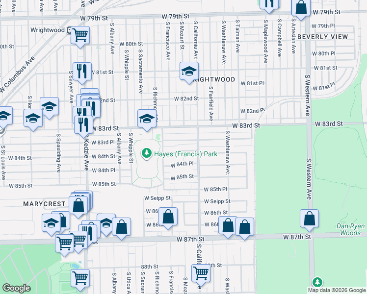 map of restaurants, bars, coffee shops, grocery stores, and more near 2812 West 83rd Place in Chicago