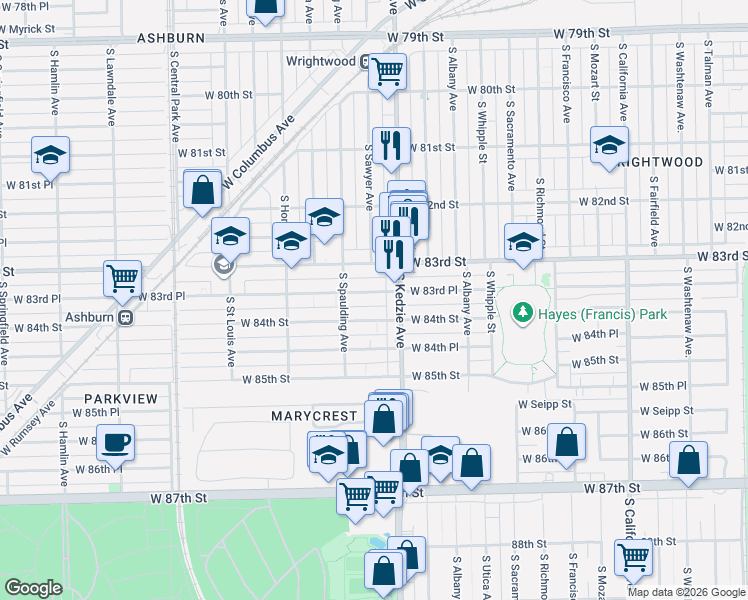 map of restaurants, bars, coffee shops, grocery stores, and more near 3228 West 83rd Place in Chicago