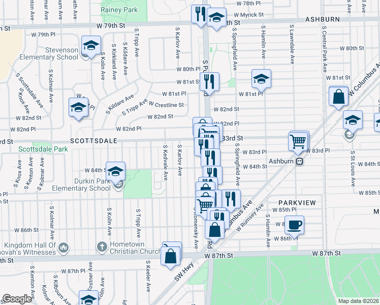 map of restaurants, bars, coffee shops, grocery stores, and more near 4033 West 83rd Street in Chicago