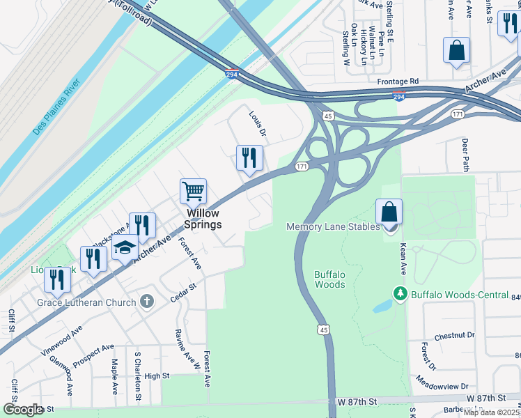 map of restaurants, bars, coffee shops, grocery stores, and more near 8000 Archer Avenue in Willow Springs