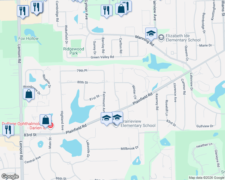 map of restaurants, bars, coffee shops, grocery stores, and more near 19W231 80th Street in Downers Grove