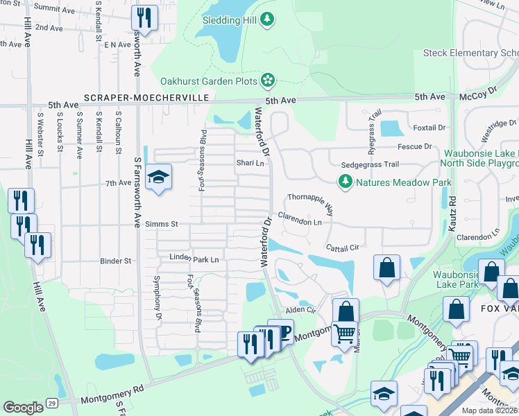 map of restaurants, bars, coffee shops, grocery stores, and more near 1794 Rebecca Lane in Aurora
