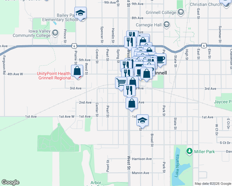 map of restaurants, bars, coffee shops, grocery stores, and more near 607 3rd Avenue in Grinnell