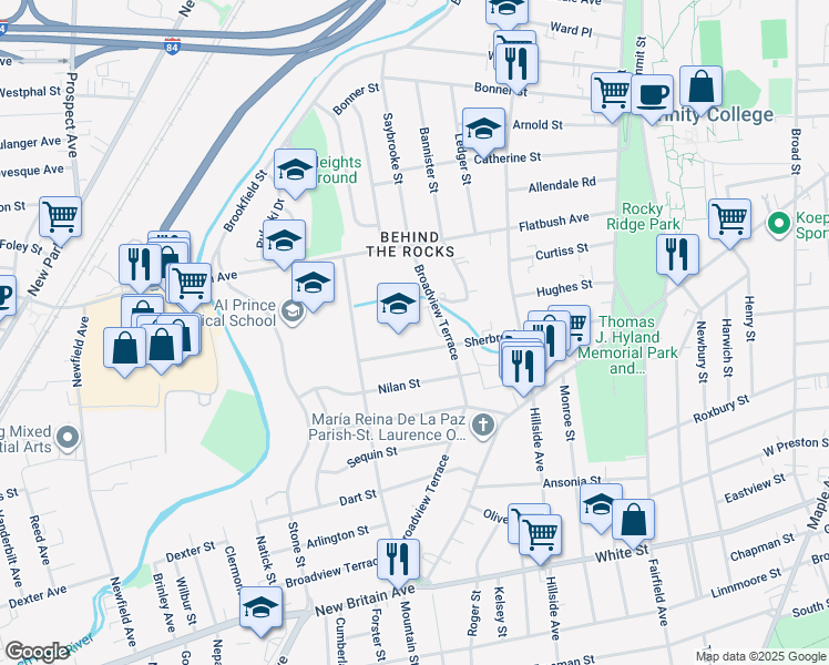 map of restaurants, bars, coffee shops, grocery stores, and more near 440 Broadview Terrace in Hartford