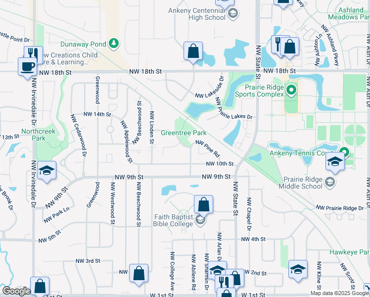 map of restaurants, bars, coffee shops, grocery stores, and more near 1832 Northwest Pine Road in Ankeny