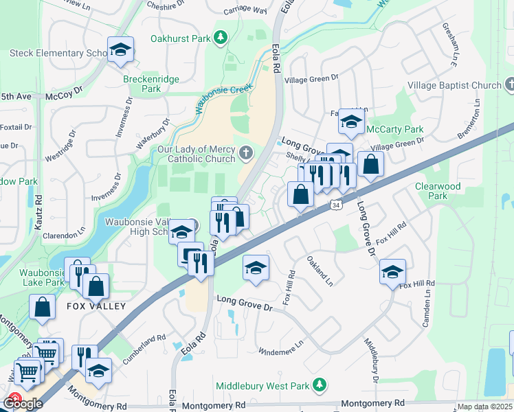 map of restaurants, bars, coffee shops, grocery stores, and more near 2784 Village Green Drive in Aurora