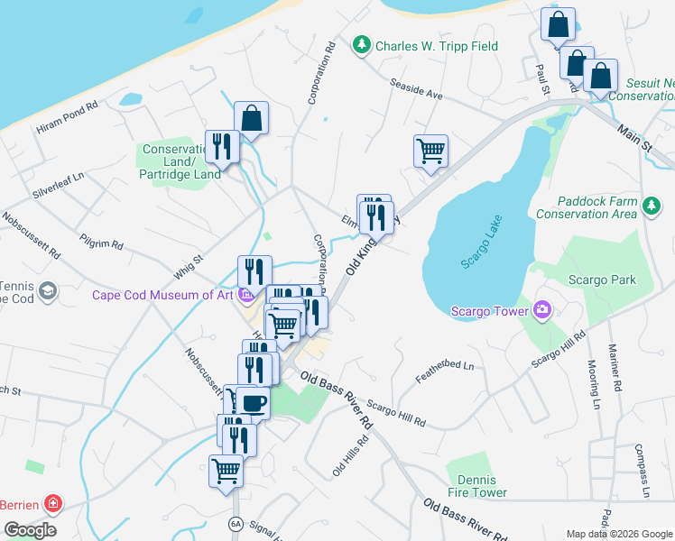 map of restaurants, bars, coffee shops, grocery stores, and more near 876A Main Street in Dennis