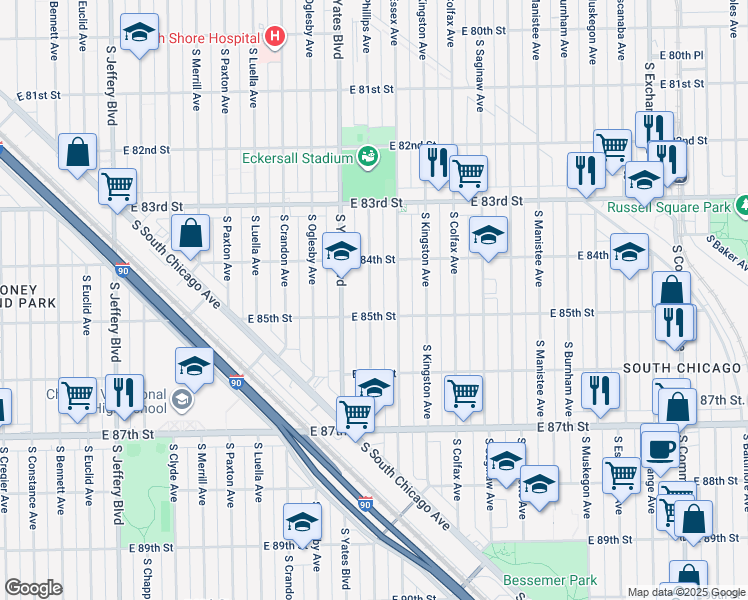 map of restaurants, bars, coffee shops, grocery stores, and more near 8445 South Phillips Avenue in Chicago