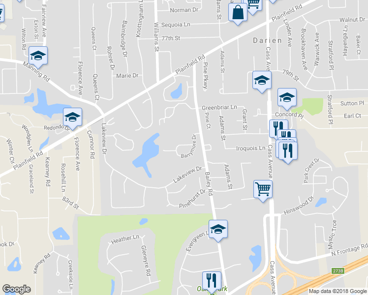 map of restaurants, bars, coffee shops, grocery stores, and more near 1512 Barrymore Drive in Darien
