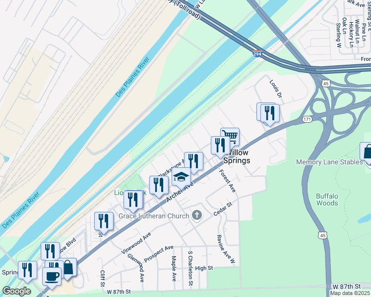 map of restaurants, bars, coffee shops, grocery stores, and more near 214 Hill Street in Willow Springs