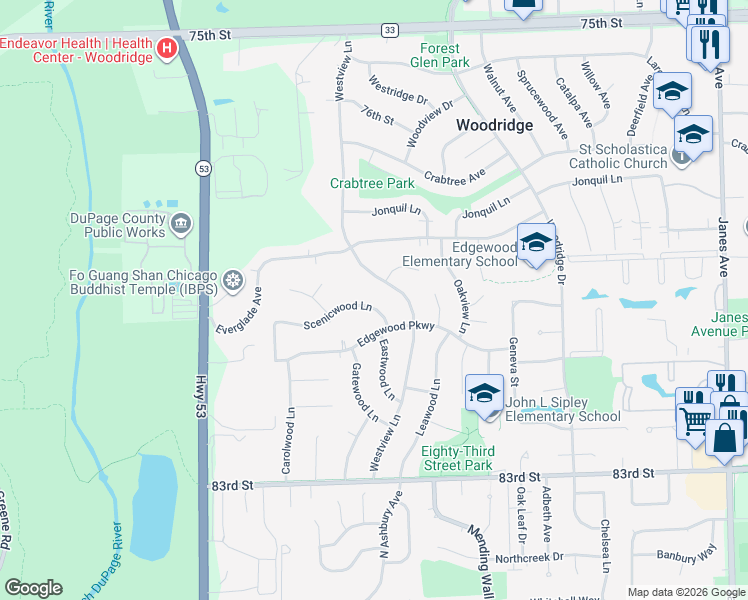 map of restaurants, bars, coffee shops, grocery stores, and more near 3012 Scenicwood Lane in Woodridge