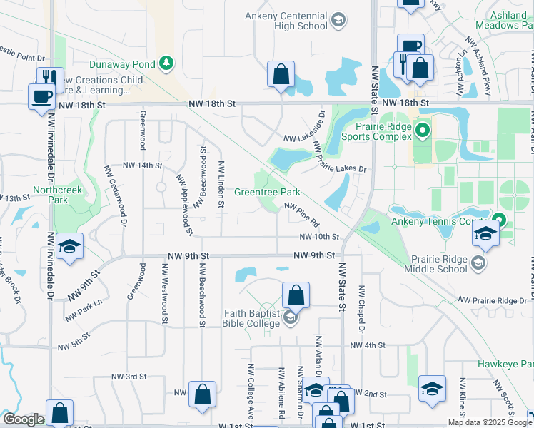 map of restaurants, bars, coffee shops, grocery stores, and more near 1832 Northwest Pine Road in Ankeny