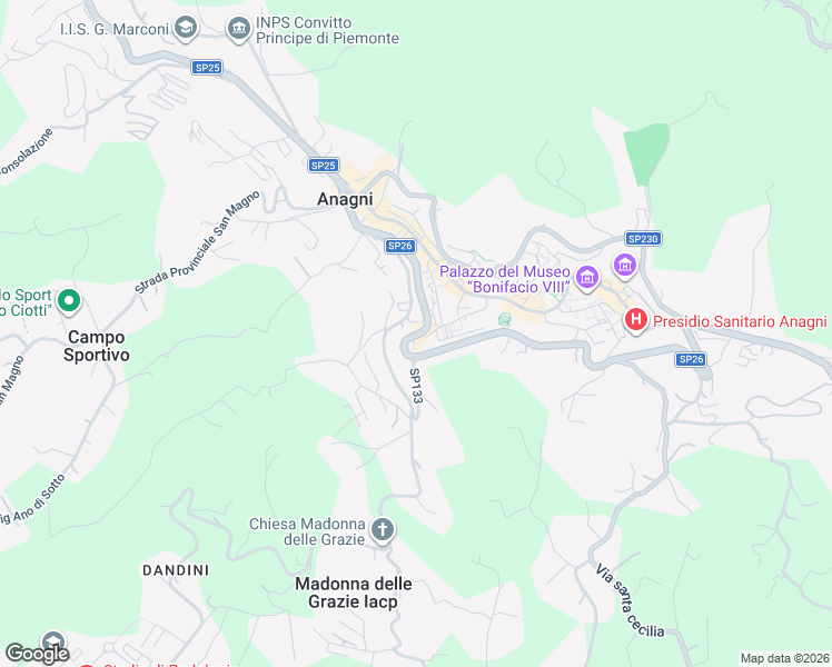map of restaurants, bars, coffee shops, grocery stores, and more near 86 Via della Peschiera in Anagni