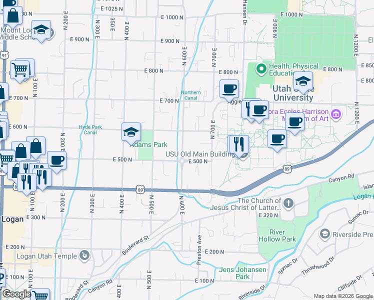 map of restaurants, bars, coffee shops, grocery stores, and more near 570 600 East in Logan