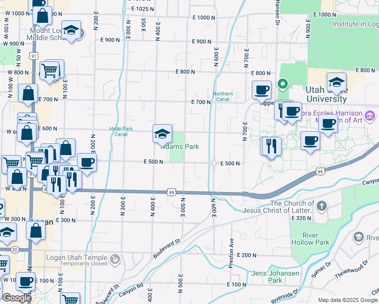 map of restaurants, bars, coffee shops, grocery stores, and more near 455 East 500 North in Logan