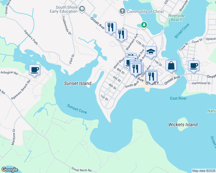 map of restaurants, bars, coffee shops, grocery stores, and more near 48 West Boulevard in Wareham