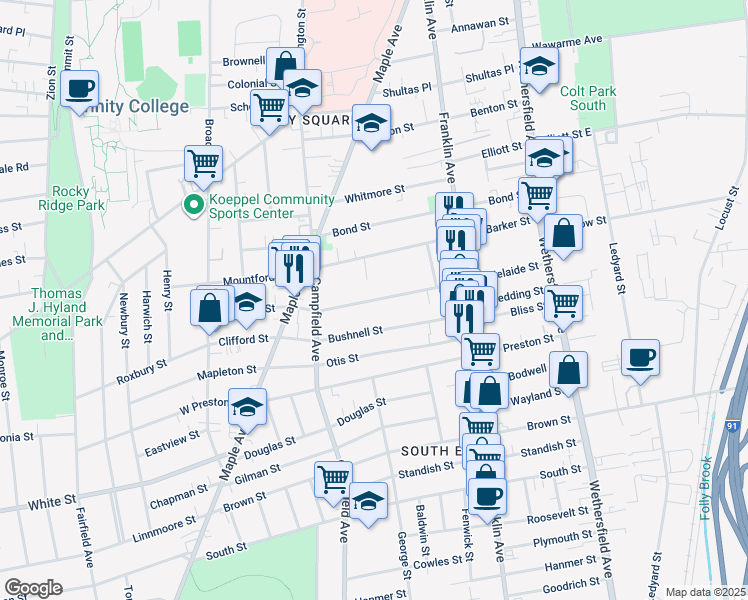 map of restaurants, bars, coffee shops, grocery stores, and more near 148 Adelaide Street in Hartford