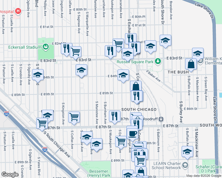 map of restaurants, bars, coffee shops, grocery stores, and more near 8423 South Muskegon Avenue in Chicago