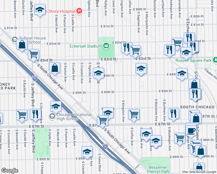 map of restaurants, bars, coffee shops, grocery stores, and more near 8420 South Essex Avenue in Chicago