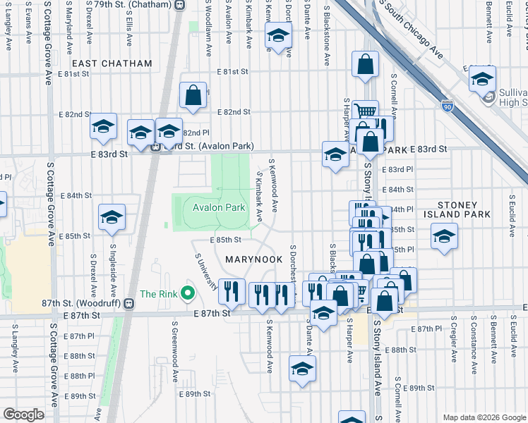 map of restaurants, bars, coffee shops, grocery stores, and more near 8406 South Kimbark Avenue in Chicago