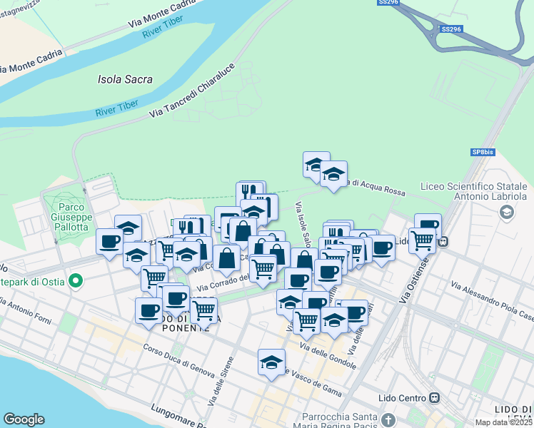 map of restaurants, bars, coffee shops, grocery stores, and more near 177 Via delle Azzorre in Lido di Ostia